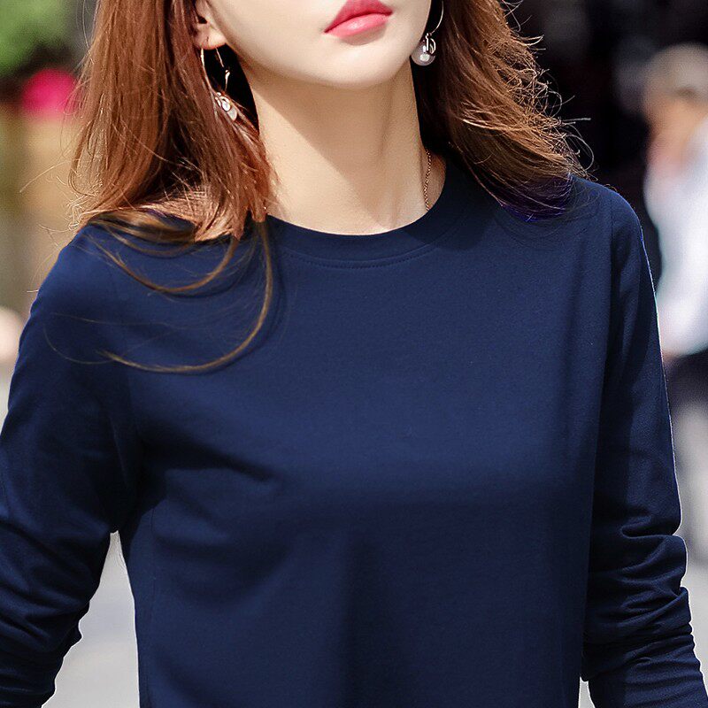2021秋冬纯棉长袖t恤女纯色中老年女装