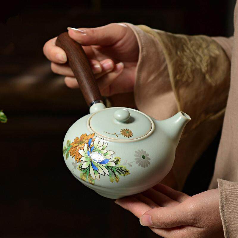 开片汝窑描金木柄侧把壶单茶壶陶瓷功夫茶具铁锈釉泡茶壶过滤壶孔