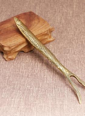 新款古黄铜仿生鱼创意壶叉 功夫茶鱼形实心茶具 茶道配件防烫壶叉