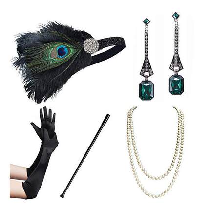 1920s 黑色羽毛发带套装舞会派对礼服配饰头饰发带项链手套烟杆