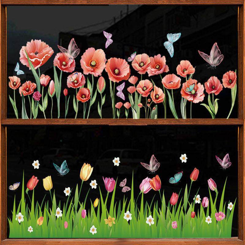 新款小清新花朵蝴蝶踢脚线店铺玻璃橱窗静电无胶装饰腰线踢脚线画