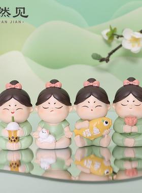 唐小圆古风新中式卡通房间桌面蛋糕装饰品车载内饰树脂汽车小摆件
