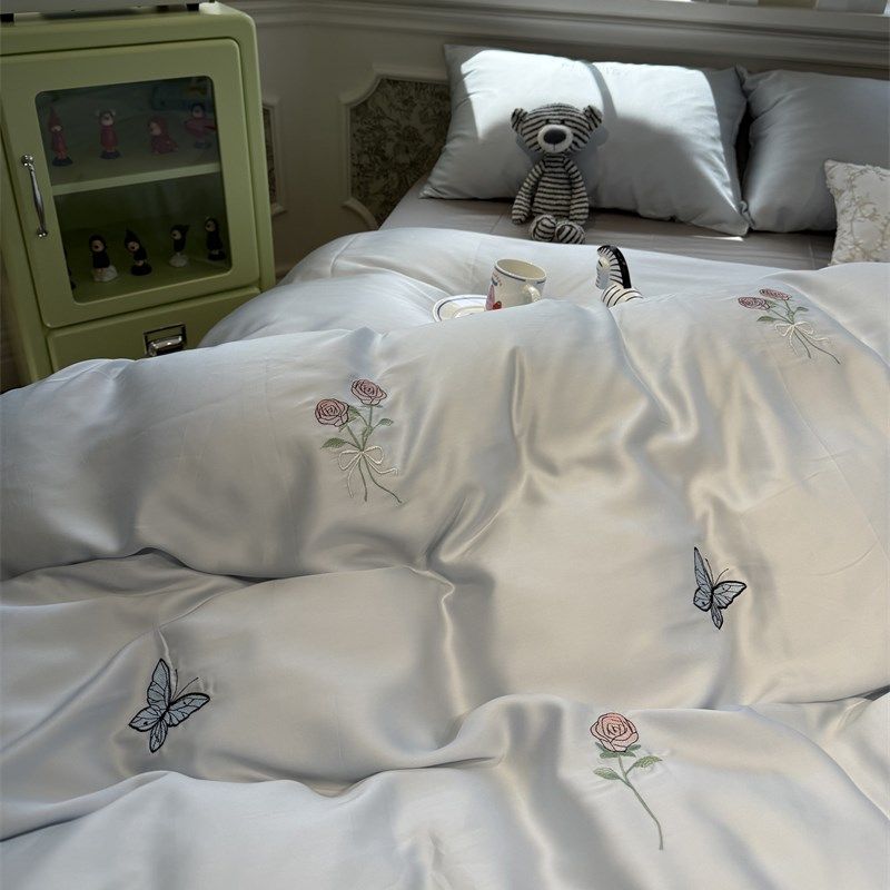 60支天丝凉感丝滑莱赛尔纤维蝴蝶玫瑰蓝四件套1.5m1.8米床单被套,床上用品,床品套件/四件套/多件套,淘宝优惠券,粉丝福利购,淘宝优惠卷