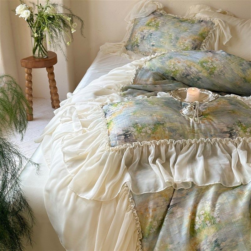 影上泼翠法式田园少女天丝棉床上四件套油画浪漫花边被套床单仙,床上用品,床品套件/四件套/多件套,淘宝优惠券,粉丝福利购,淘宝优惠卷