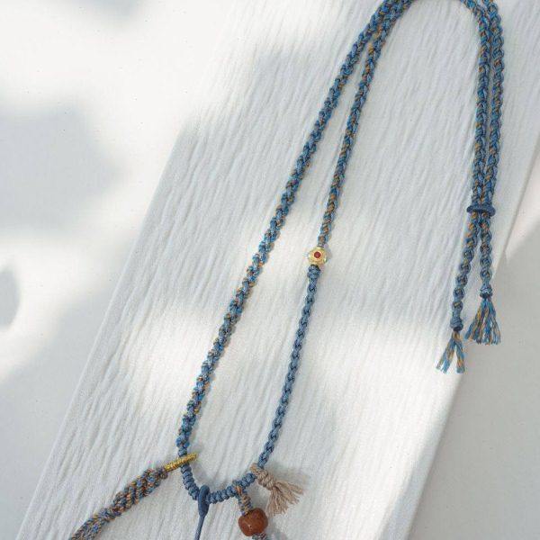 个性文玩藏式手搓棉线唐卡根付绿松石玉器吊坠绳子手工编织挂件绳