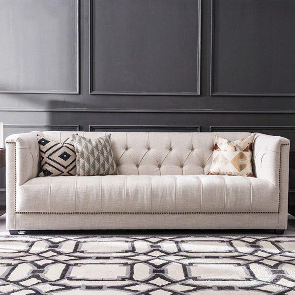 美式拉扣布艺沙发欧式米白色二人三人欧式小户型卧室家具直排沙发