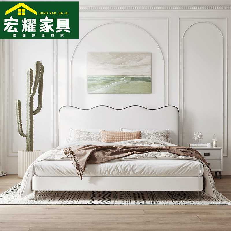意式极简皮艺床双人床主卧床网红轻奢现代简约婚床奶油风科技布床