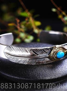 正品天使之愿S25银饰9品手高鐲男潮人个性桥吾格郎风羽毛开口手镯