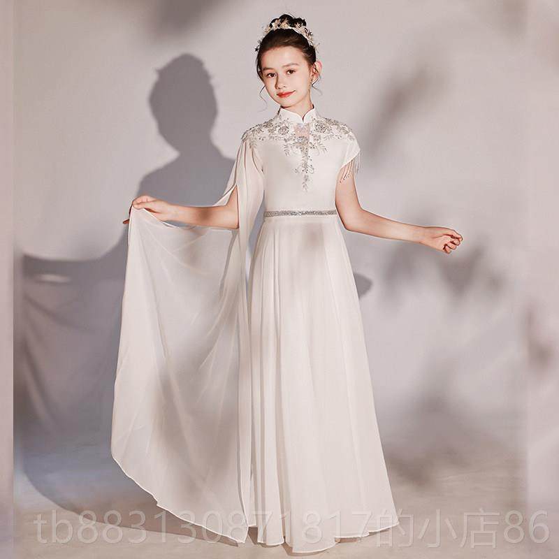 正品2025新款儿礼服白色花童童中式袍女民童旗弹古筝演出服乐演奏