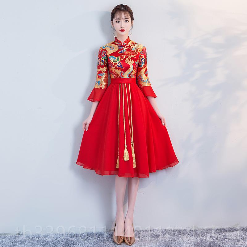 高档孕妇敬服酒旗袍2205新款短款新娘红色中裙国风小个子订婚礼服图片