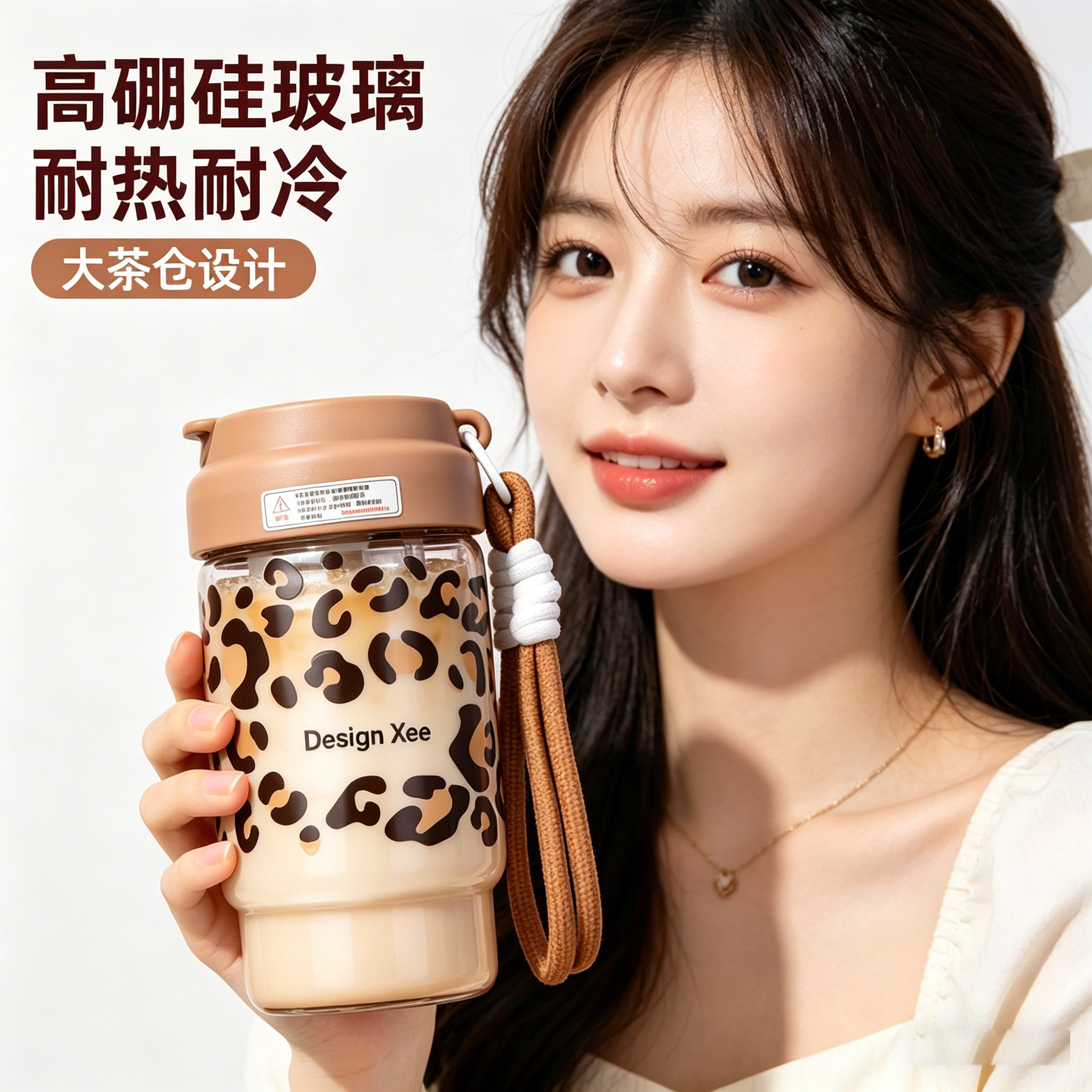 XEE玻璃杯女生高颜值2026新款吸管水杯奶茶咖啡冷饮水杯便携杯子