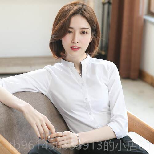 新款立白衬衫女七分袖新领款高级中袖职衬上业正装工作服衣修身白
