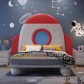 T童YD71创意DAX太L空儿火箭床悬浮带ED孩实木皮床青少年软包卡通1