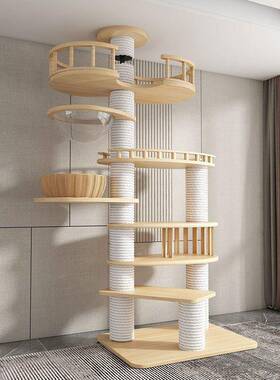 立猫爬架通天柱纸筒实木层不占多顶地免打STB孔猫窝树一体天地大