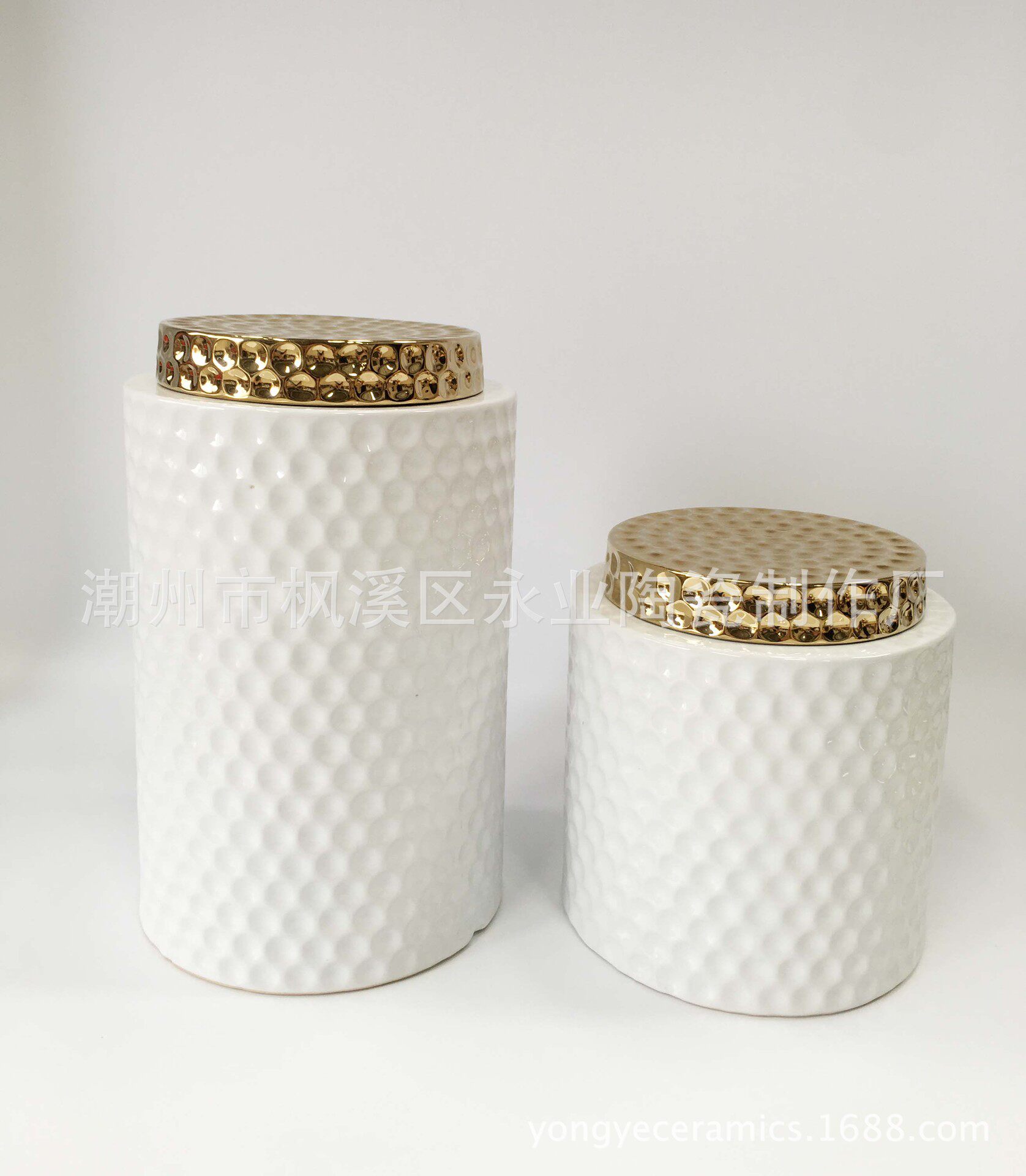 现代简约白色陶瓷蜂巢储物罐电镀金色工艺陶瓷摆件装饰品二件套