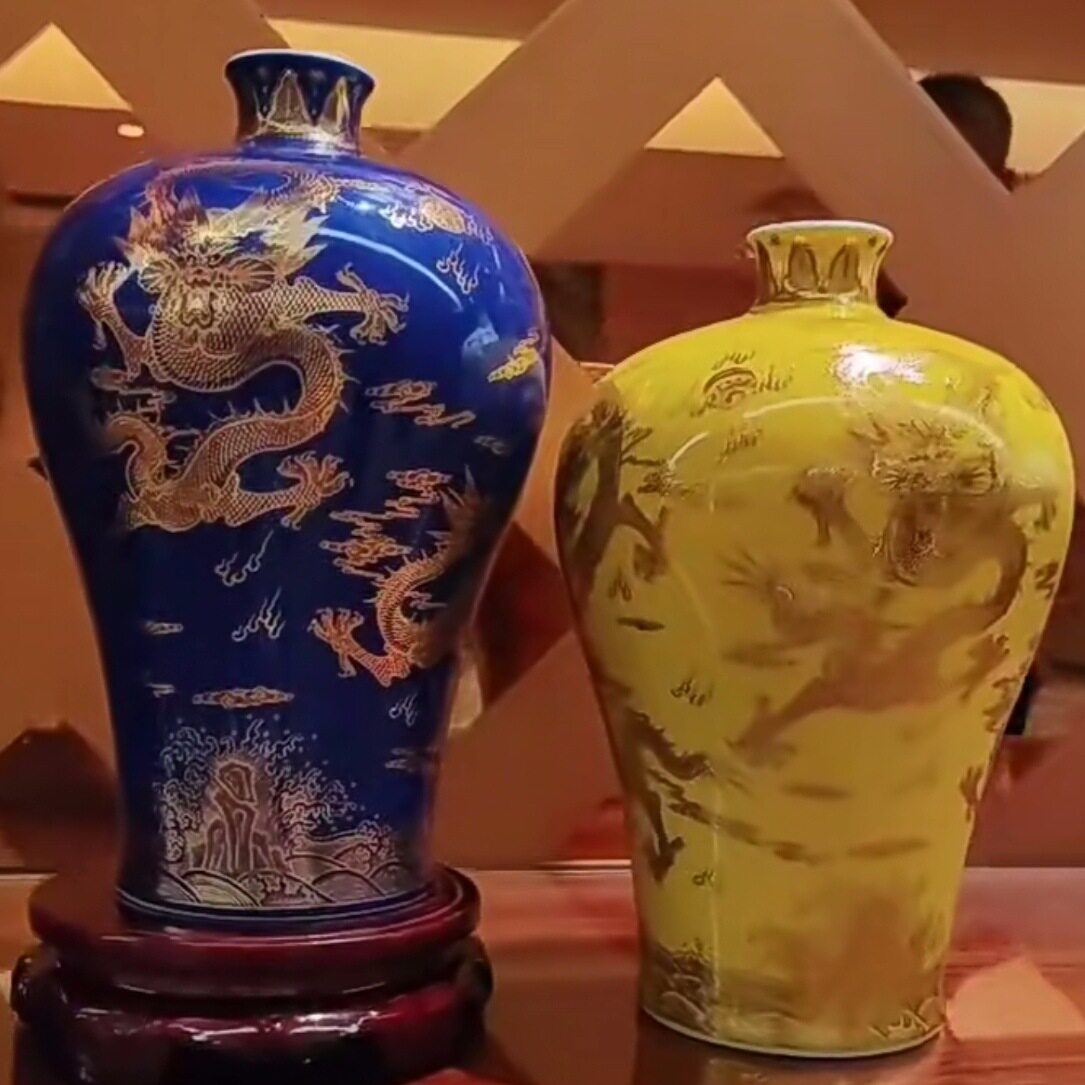 景德镇仿古宫廷风描金云龙纹梅瓶家居客厅办公司博古架陶瓷摆件