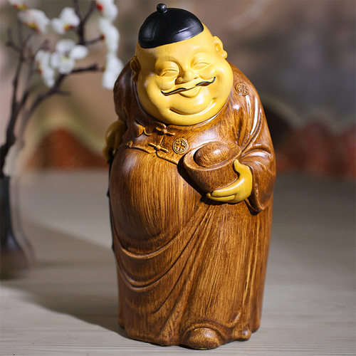 高端中式地主摆件客厅财神爷雕塑仿木雕茶几博古架装饰品桌面摆设