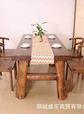 老榆木实木餐式桌风化自UIK然复纹木理老门板吃饭桌子古中质餐桌