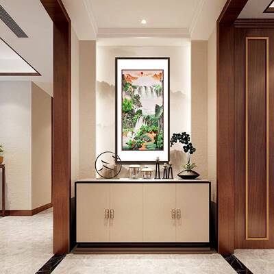 新式山长水刺绣装饰画PVB挂画生财风富水长流源远流玄挂关画进中