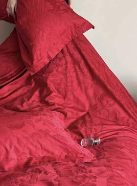 轻奢风玫全瑰提花长婚绒棉四件套红HBZ棉纯棉色结陪嫁床单被套