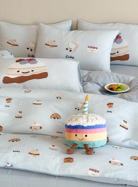 纯棉KJB四套全棉床100单床品结婚上被套粉色床件笠款床双层纱女孩