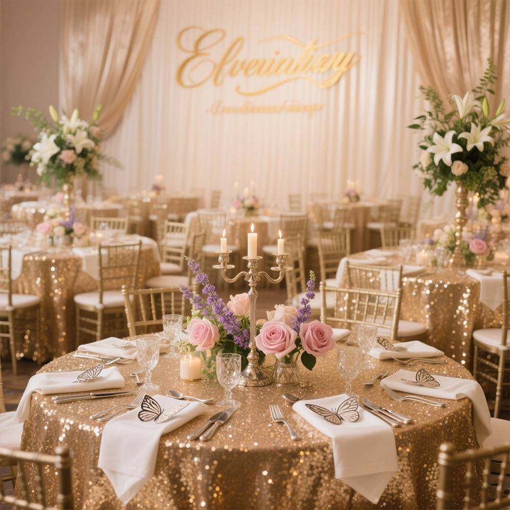 酒店婚宴PART装饰签XJ-01Y到台布婚涤纶品方形桌金色甜台圆桌布庆