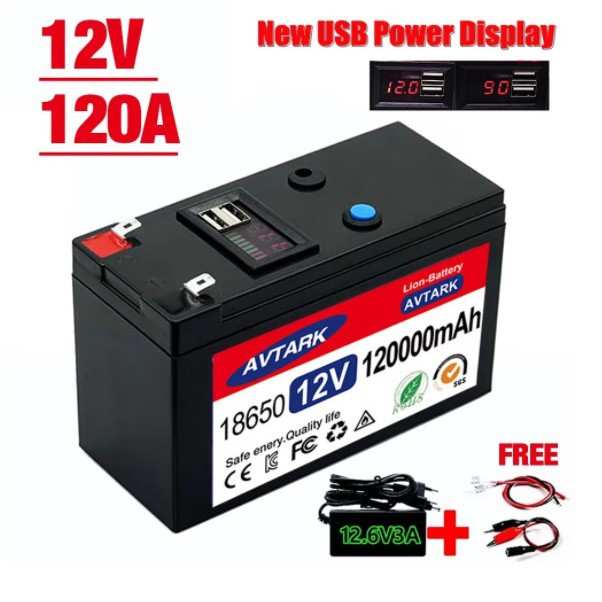 12V 120000mAh便携式可充电电池内置5V 2.1A USB电源显示充电端口