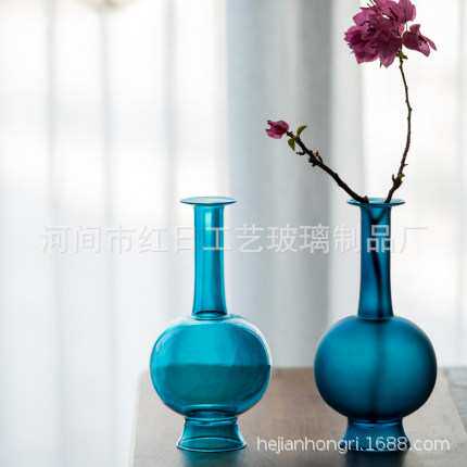 雀蓝花瓶玻璃净瓶仿宋直颈瓶仿古文人花器古典中式器皿茶空间摆件