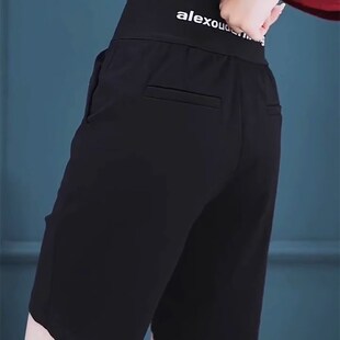 女胖mm显瘦弹力直筒中裤 2023夏季 松紧腰黑色五分休闲短裤 大码 新款