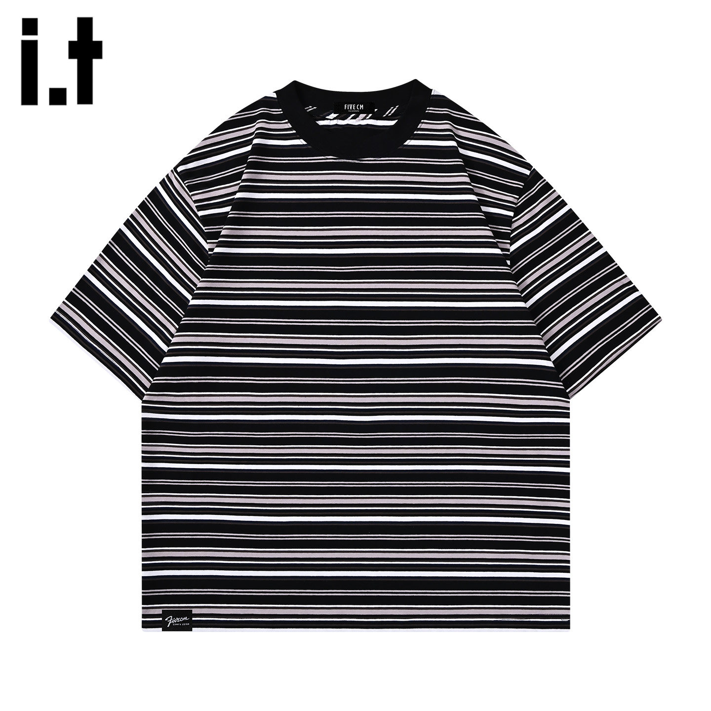 i.t fivecm条纹短袖T恤男女宽松圆领休闲上衣夏季薄款撞色五分袖