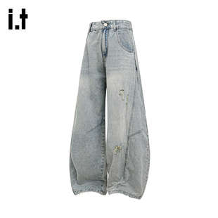 it :5cm/FIVECM美式浅色宽松弯刀裤牛仔裤男女2025春秋阔腿裤长裤
