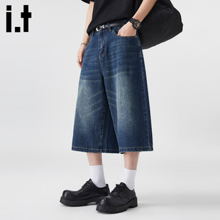 宽松休闲直筒五分裤 男士 子男 复古水洗做旧牛仔短裤 it：fivecm美式