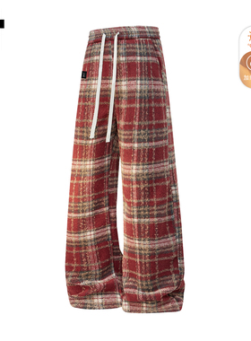 it :5cm/FIVECM红色格子毛呢加绒休闲裤男女2025冬季宽松直筒长裤