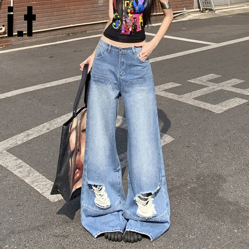 i.tfivecm美式水洗破洞牛仔裤女