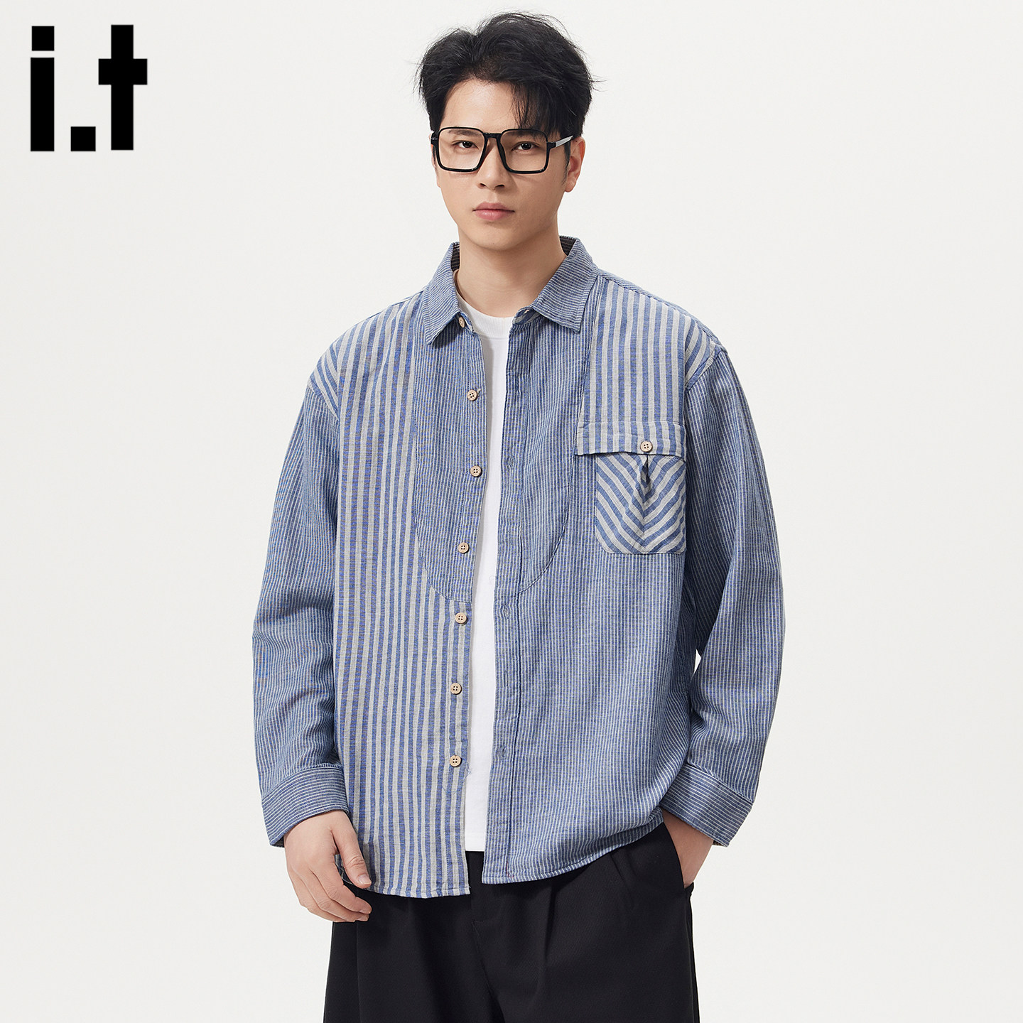 it：fivecm春季条纹拼接拼色衬衫男款高级感痞帅休闲长袖衬衣外套,男装,衬衫,淘宝优惠券,粉丝福利购,淘宝优惠卷