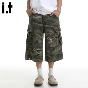 5cm 男女夏季 FIVECM美式 阔腿裤 潮 军绿色迷彩破洞纯棉七分工装