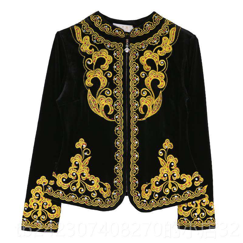 正品新疆舞蹈演出服装丝绒黑绣色金女款长袖上衣花维吾民族族服秋