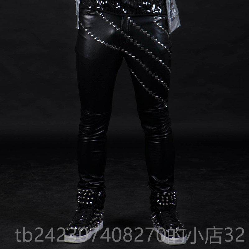 正品紧夜店酒吧男歌手出服铆钉修身皮裤男古着皮裤哈士雷机车演皮
