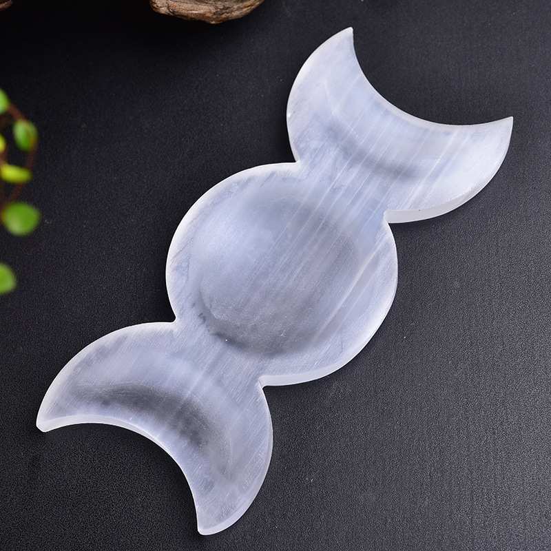 天然摩洛哥石膏碗亚酸销盐石膏石月亮雕刻件透石膏装饰工艺品摆件