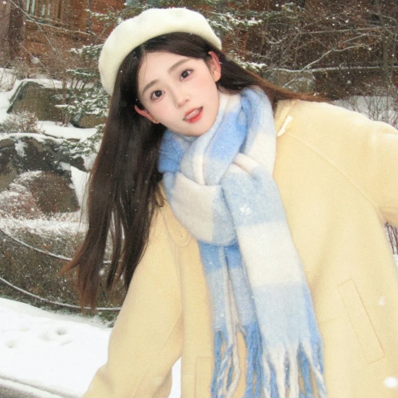 蓝色围巾女款2025新款冬季保暖格子围脖韩系氛围感高级感学生情侣