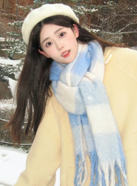 蓝色围巾女款2025新款冬季保暖格子围脖韩系氛围感高级感学生情侣