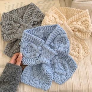 韩系麻花纯色针织毛线小围巾短款女冬季2025新款蓝色保暖交叉围脖