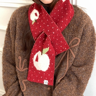 韩系可爱红色苹果针织小围巾女冬季2025新款保暖护颈交叉毛线围脖