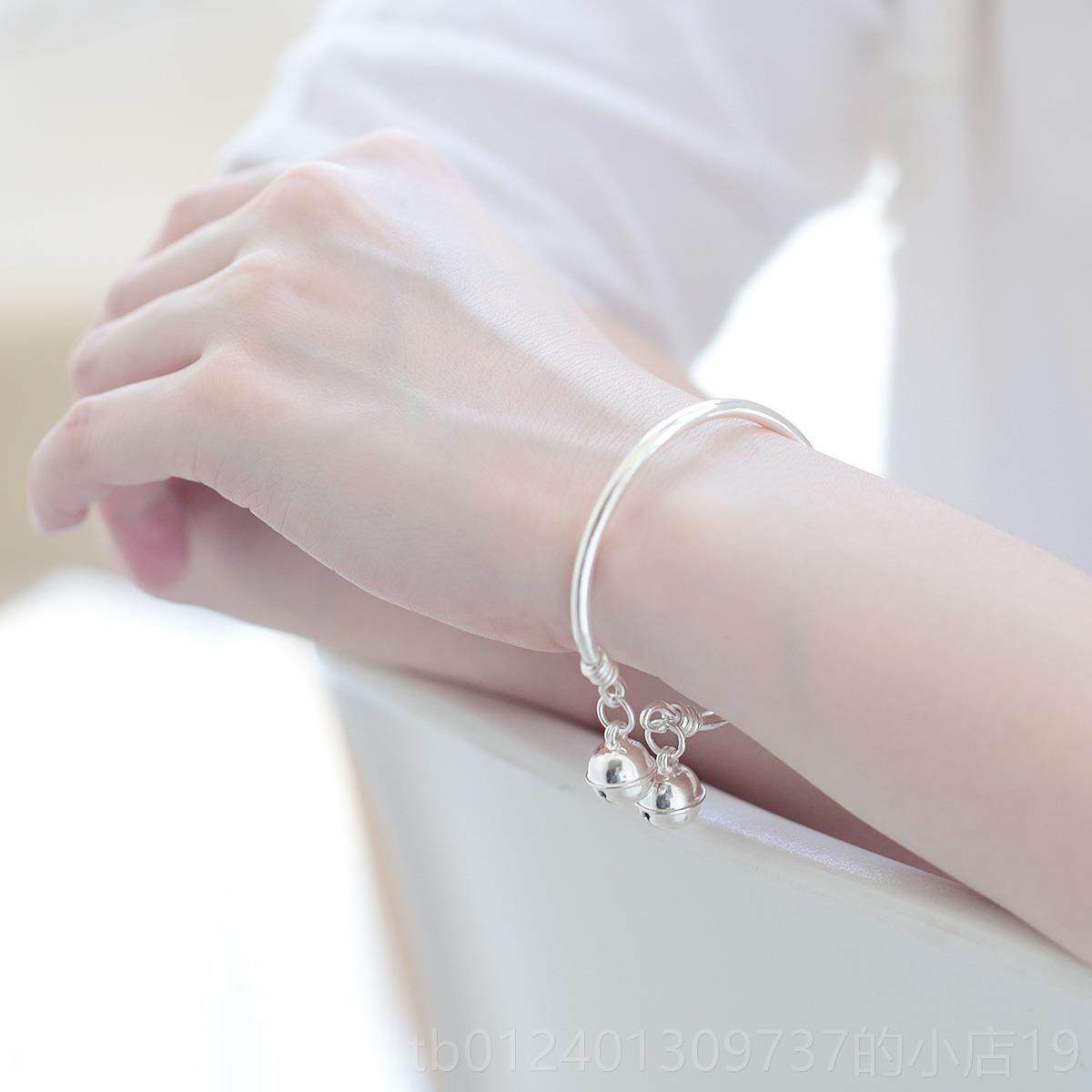 高档年款纯银手9镯铃铛宫女99足银镯子细手环文艺小清新网红同轻