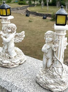 丘比特天使罗马柱太阳能摆件女孩雕像花园室外太阳能灯浪漫装饰