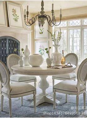 美式家村实木餐桌椅组合法式白色复古圆别墅家具ts-97895圆形餐乡