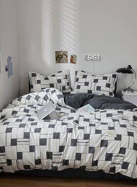 简约格子水洗套棉床笠上四AL101120件套春秋款床单被床学生宿舍三