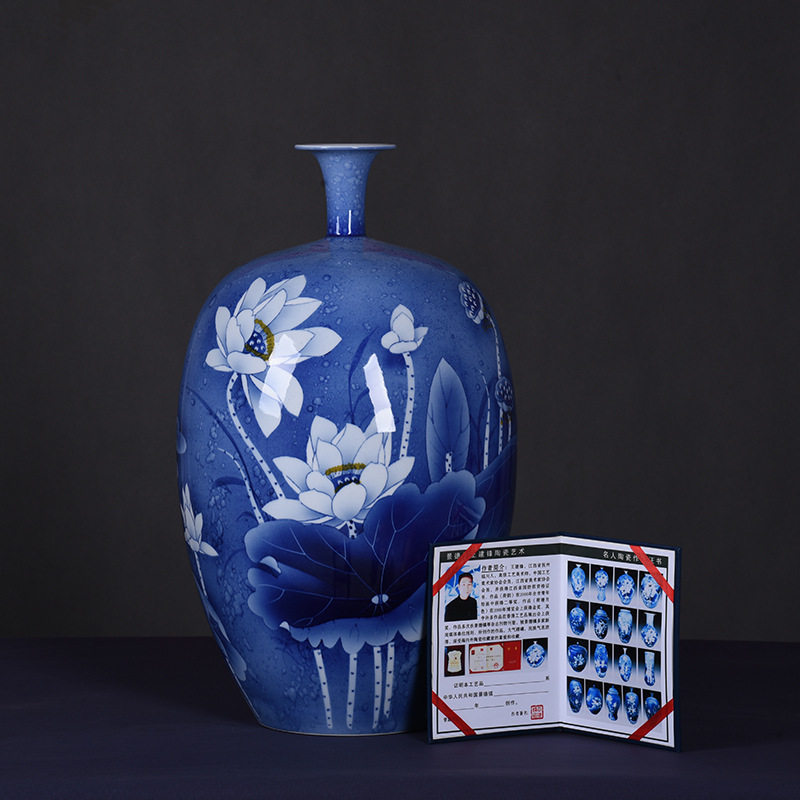 手绘荷花中式瓷器落地客厅中式陶瓷插花简约轻奢装饰品收藏摆件