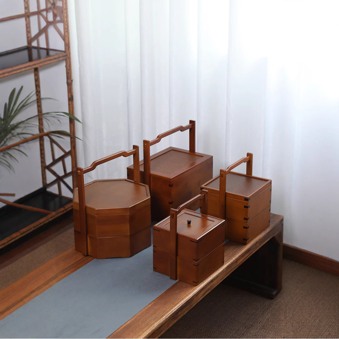 手工竹编六角双层茶具提篮