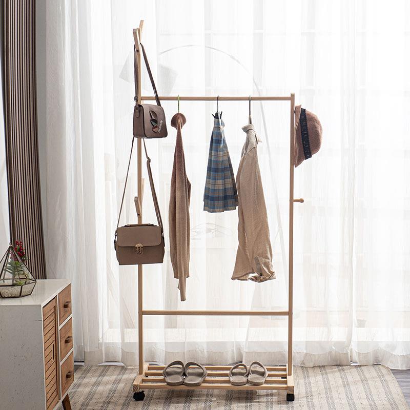 衣简约实木衣帽架落地式带滚轮可衣移衣架卧室动试间帽收纳置衣帽